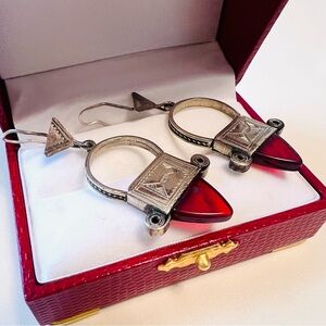 Vintage Tuareg Silver Cross of Ingall Earrings w/ Pressed Red Glass